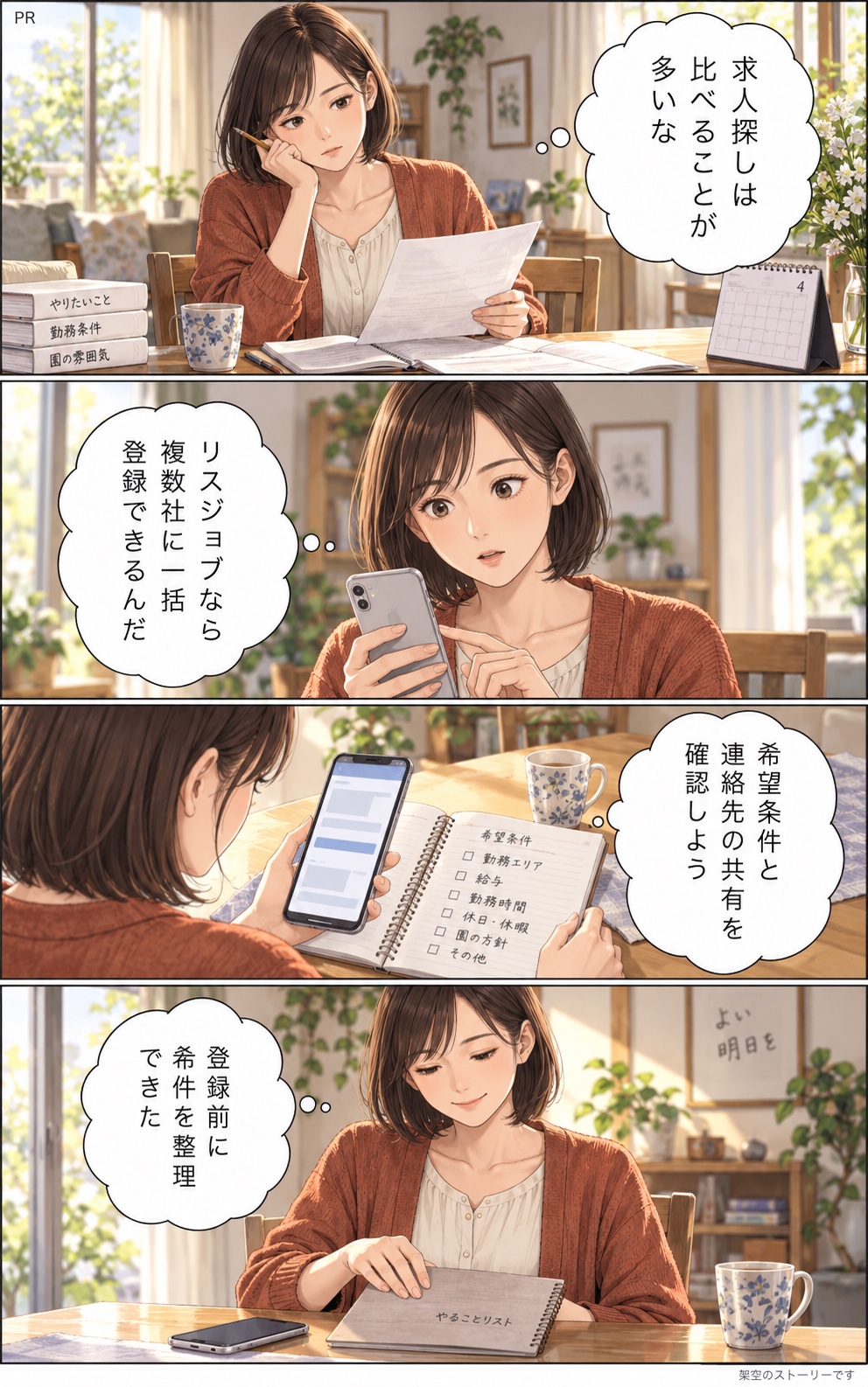 保育士の資格を持つ成人が、求人の希望条件と情報共有を登録前に確認する4コマ漫画