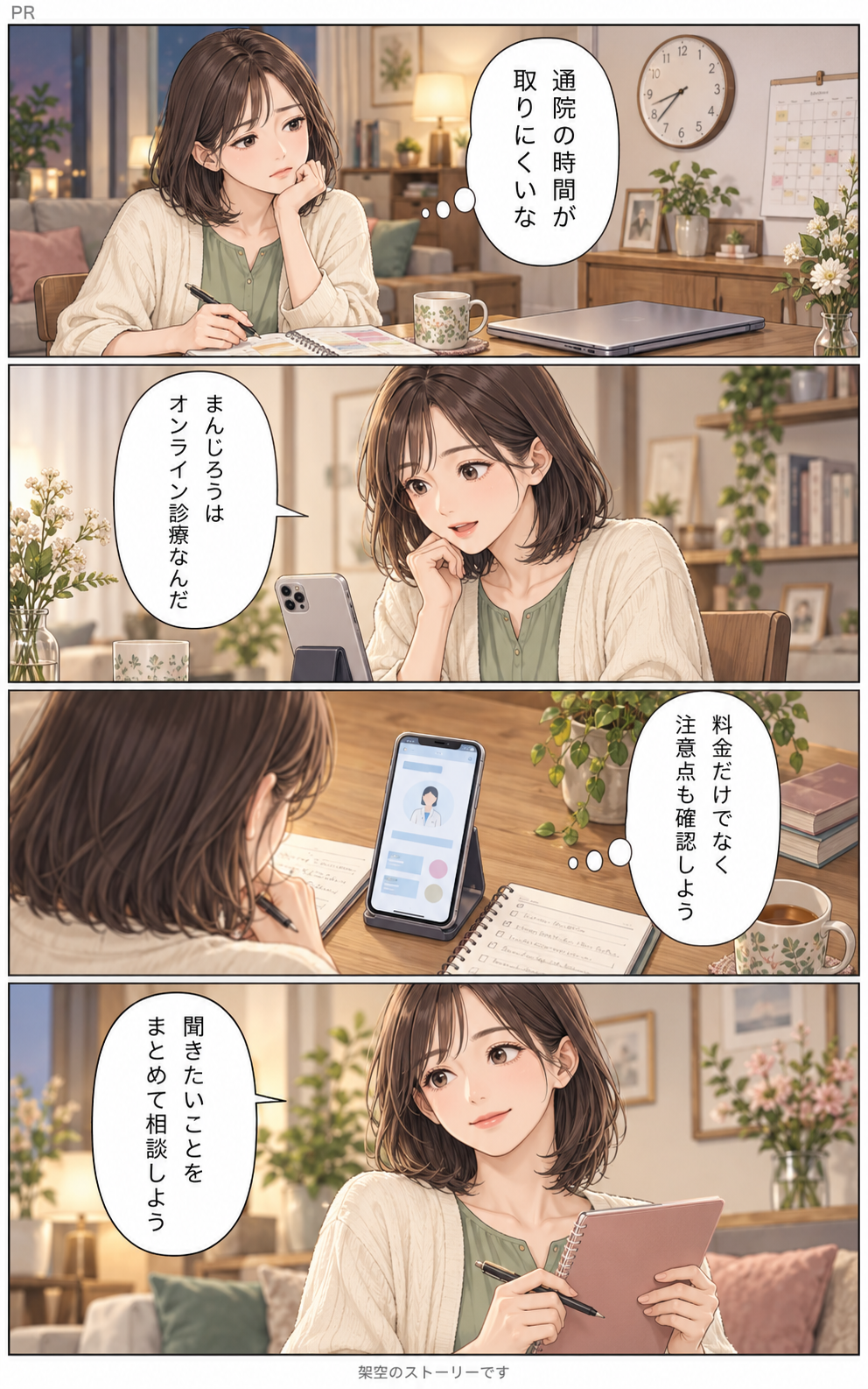 通院の時間を取りにくいミオがまんじろうのオンライン診療を知り、費用と注意点を確認して質問をまとめる4コマ漫画
