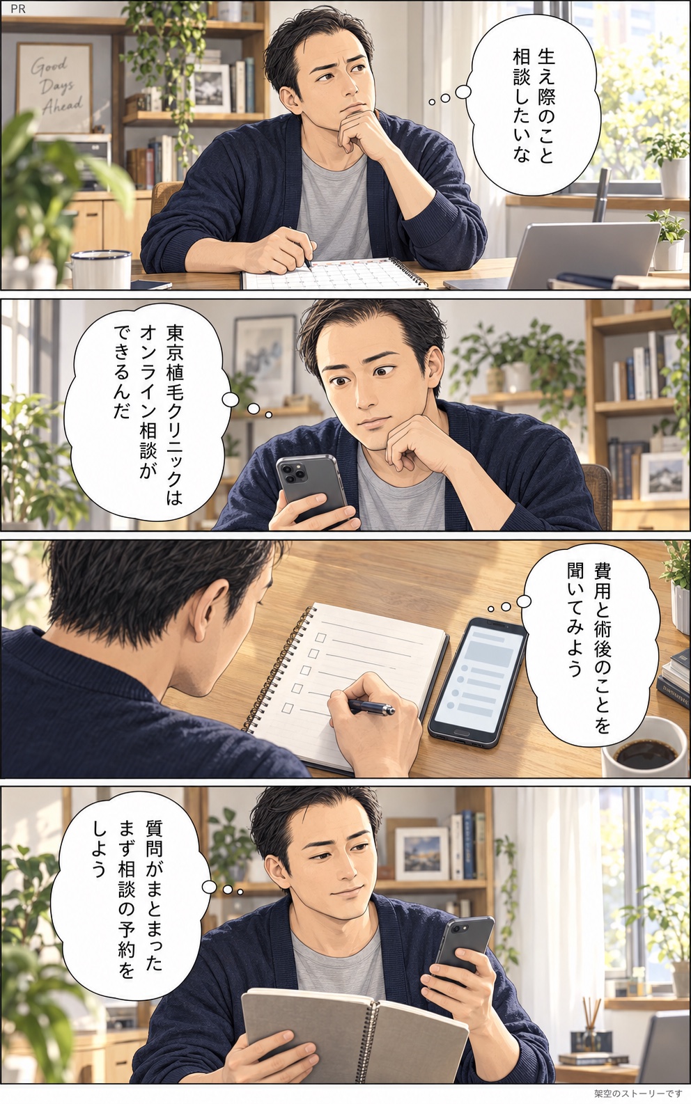成人男性が生え際の悩みを相談する前に、費用と術後の質問を整理する4コマ漫画